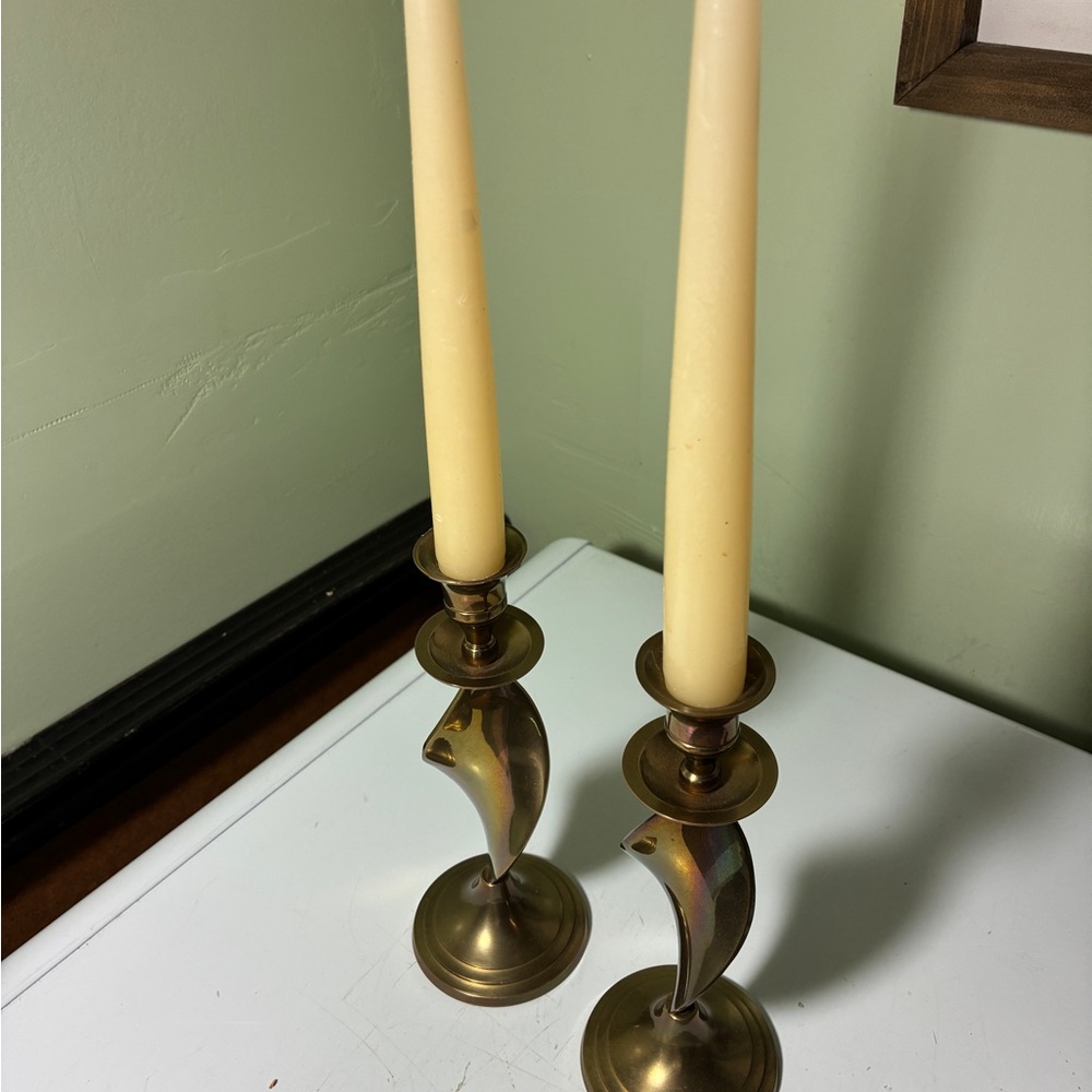 Brass Tone Sculptural Candle Holders - Pair - Picture 3 of 6